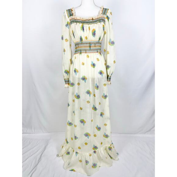 I.Magnin Women's Vintage 70's Floral Peasant Smocked Maxi Dress Size 12 - Picture 1 of 16